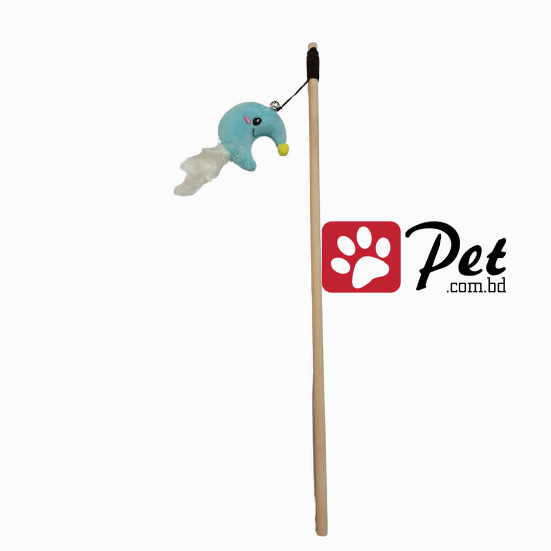 Cat Wooden Stick Teaser Toy – Blue Moon Plush Toy with Feather